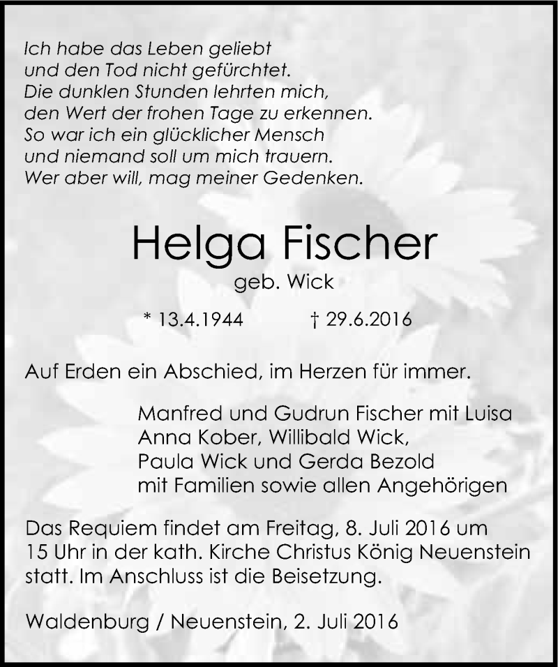  Traueranzeige für Helga Fischer vom 02.07.2016 aus 