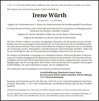 Traueranzeige von Irene Würth 