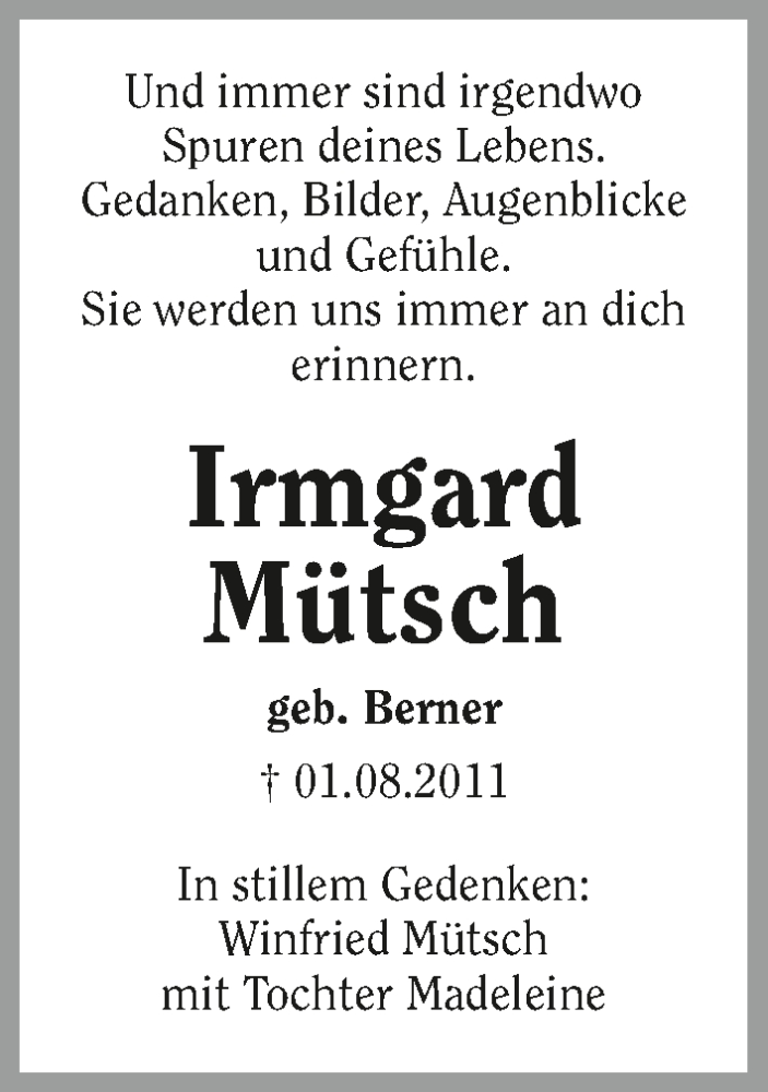  Traueranzeige für Irmgard Mütsch vom 01.08.2016 aus 