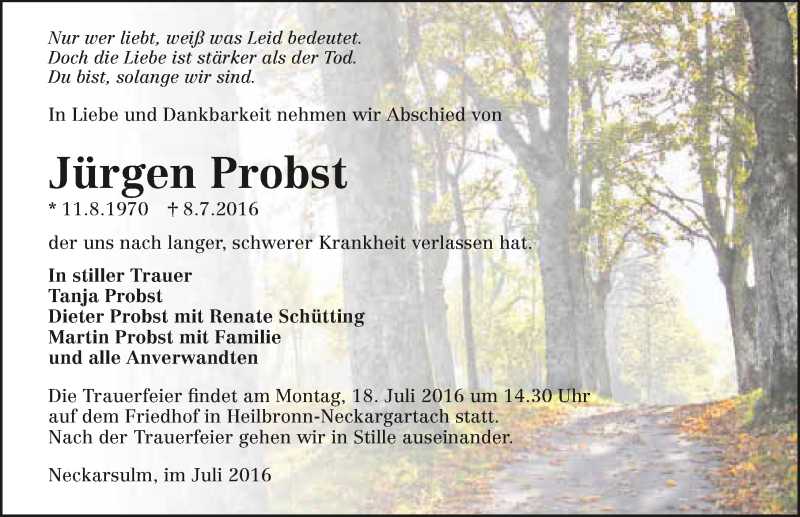  Traueranzeige für Jürgen Probst vom 12.07.2016 aus 