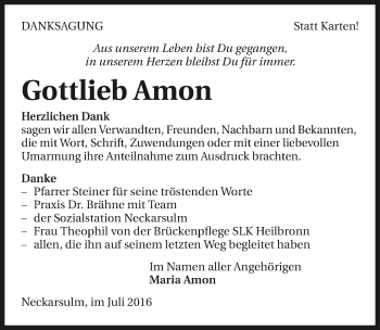 Traueranzeige von Gottlieb Amon 