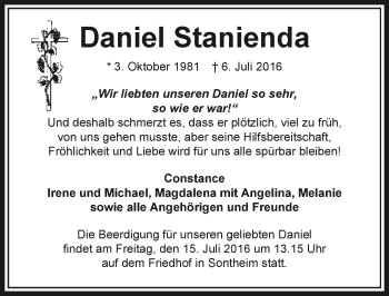 Traueranzeige von Daniel Stanienda 