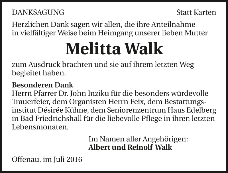  Traueranzeige für Melitta Walk vom 09.07.2016 aus 