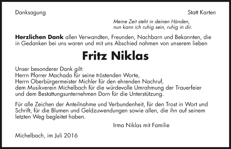  Traueranzeige für Fritz Niklas vom 09.07.2016 aus 