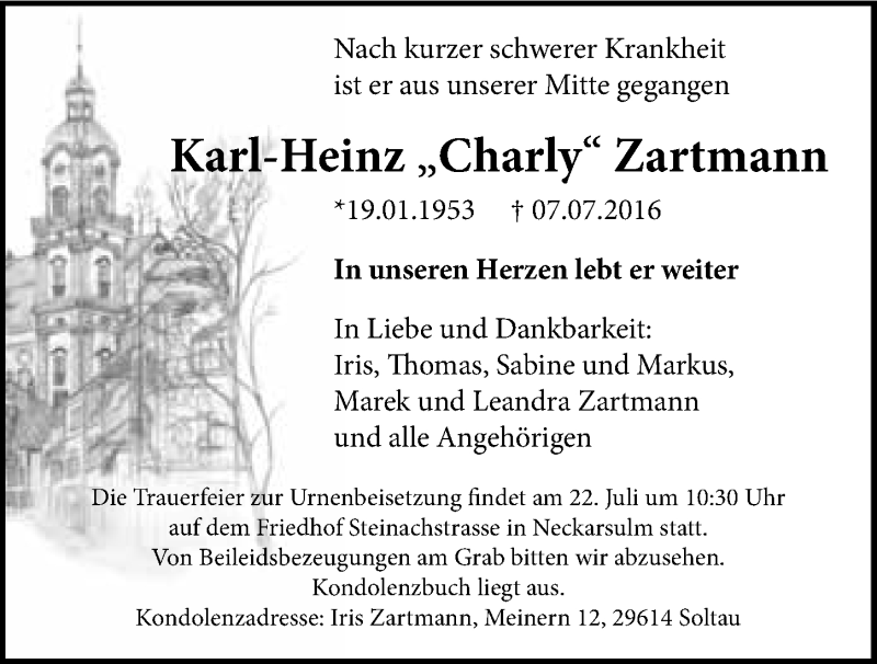  Traueranzeige für Karl-Heinz Zartmann vom 18.07.2016 aus 