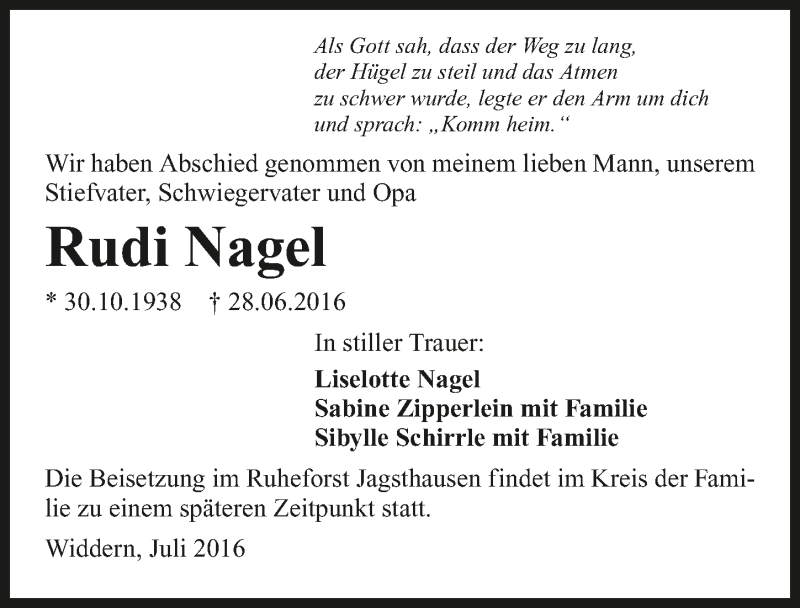  Traueranzeige für Rudi Nagel vom 02.07.2016 aus 