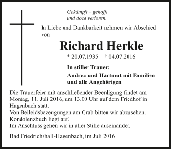 Traueranzeige von Richard Herkle 