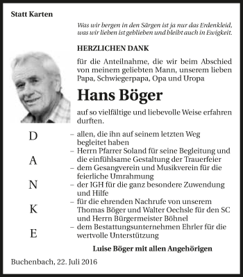 Traueranzeige von Hans Böger 