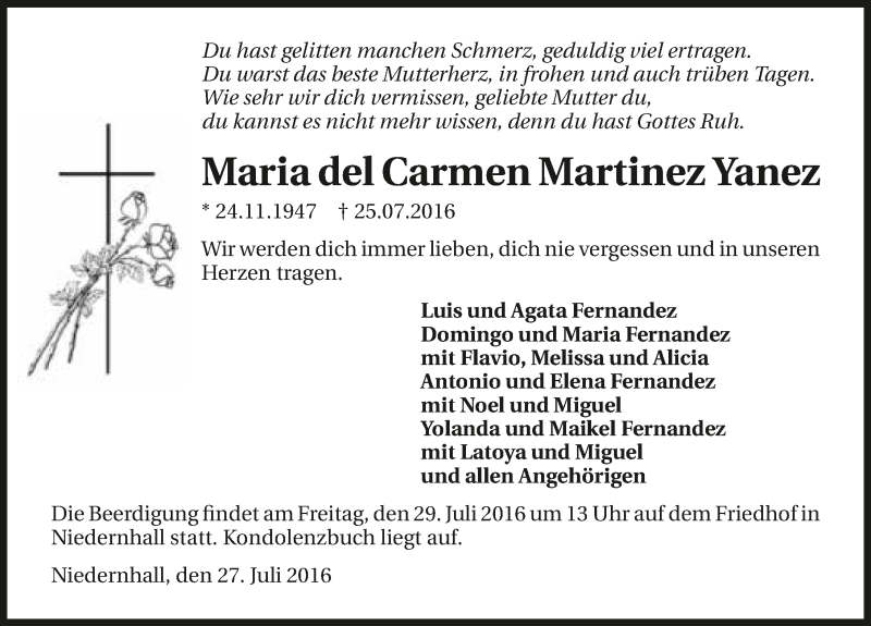  Traueranzeige für Maria  del Carmen Martinez Yanez vom 27.07.2016 aus 