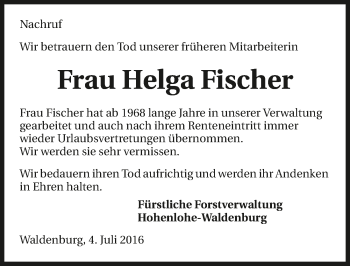 Traueranzeige von Helga Fischer 