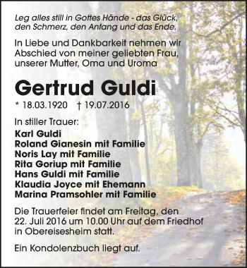 Traueranzeige von Gertrud Guldi 