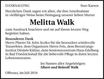Traueranzeige von Melitta Walk 