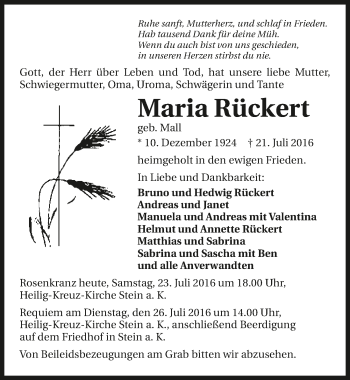 Traueranzeige von Maria Rückert 