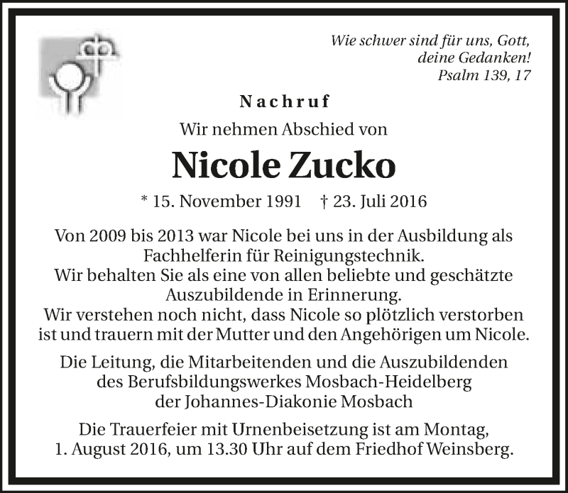  Traueranzeige für Nicole Zucko vom 30.07.2016 aus 