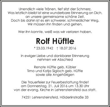 Traueranzeige von Rolf Hüftle 