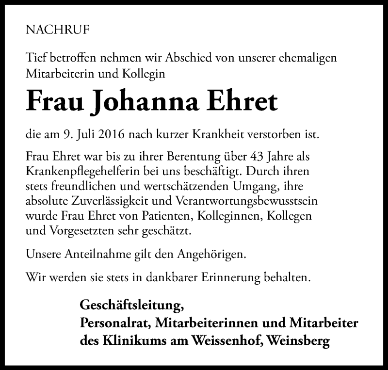  Traueranzeige für Johanna Ehret vom 15.07.2016 aus 
