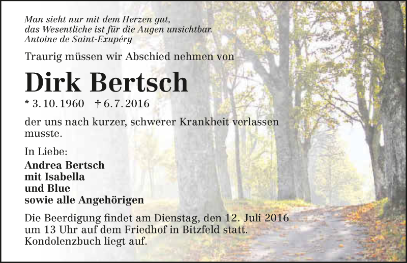  Traueranzeige für Dirk Bertsch vom 09.07.2016 aus 