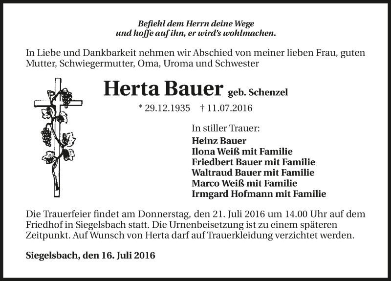  Traueranzeige für Herta Bauer vom 16.07.2016 aus 