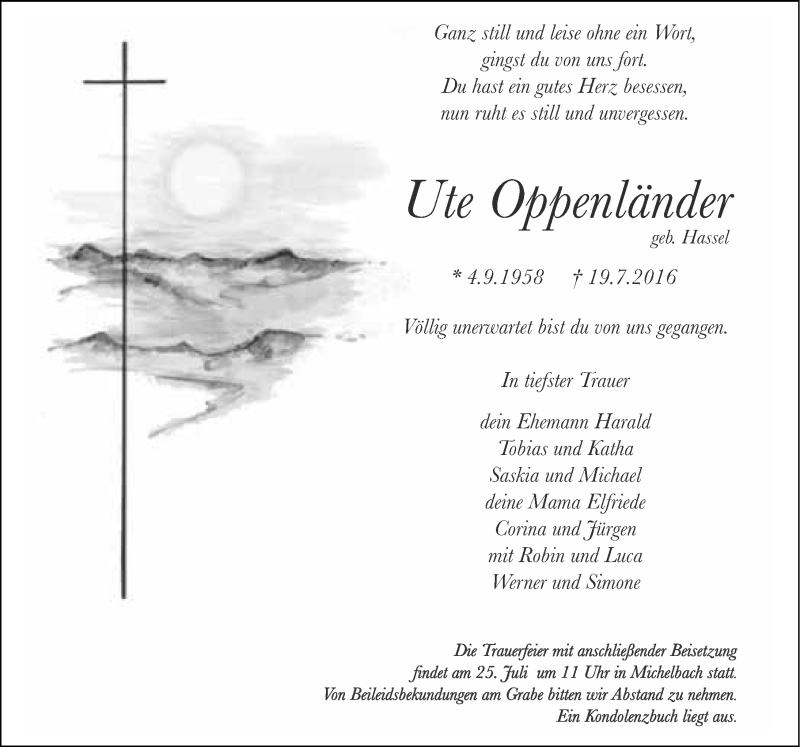  Traueranzeige für Ute Oppenländer vom 22.07.2016 aus 