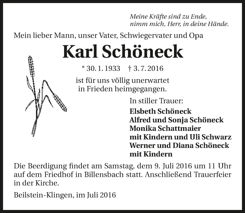  Traueranzeige für Karl Schöneck vom 07.07.2016 aus 