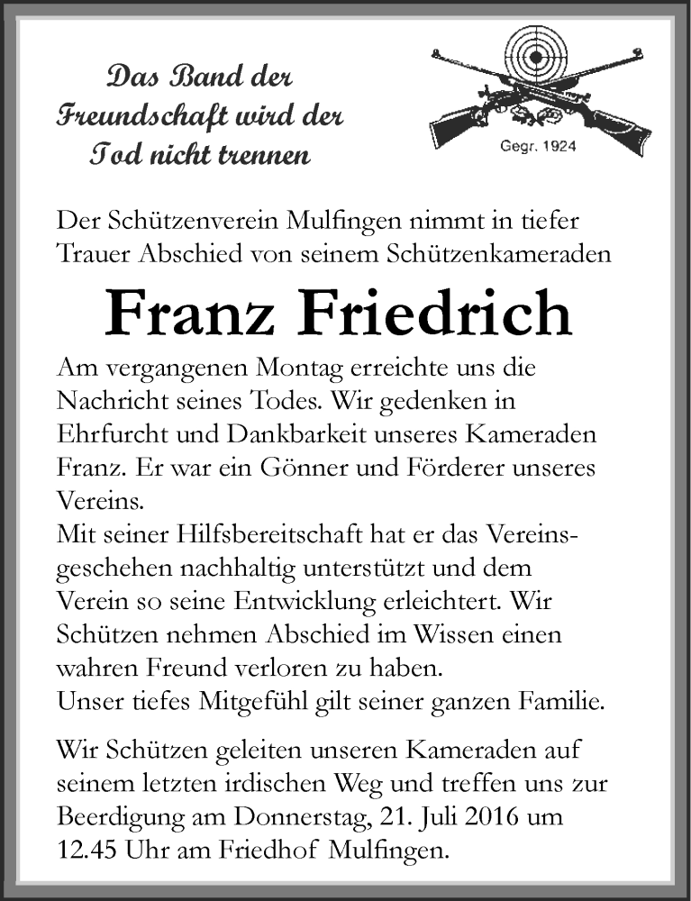  Traueranzeige für Franz Friedrich vom 21.07.2016 aus 