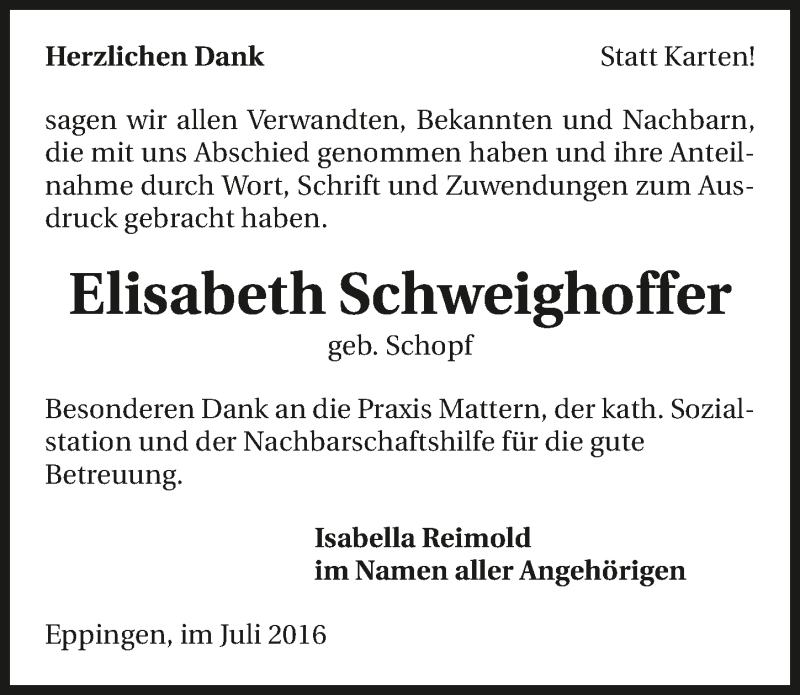  Traueranzeige für Elisabeth Schweighoffer vom 09.07.2016 aus 