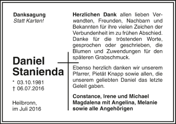 Traueranzeige von Daniel Stanienda 