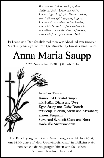 Traueranzeige von Anna Maria Saupp 