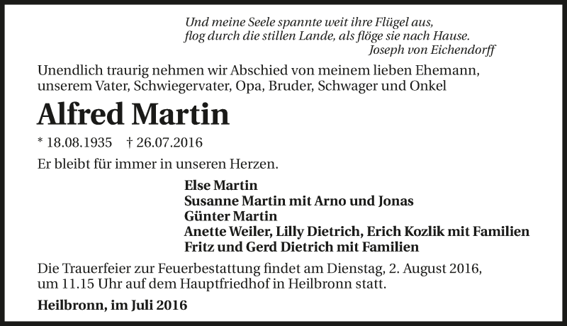  Traueranzeige für Alfred Martin vom 28.07.2016 aus 