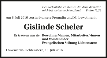 Traueranzeige von Gislinde Scheler 