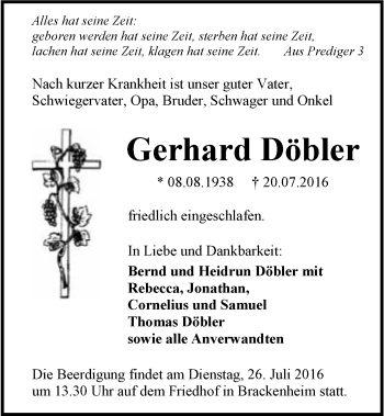 Traueranzeige von Gerhard Döbler 
