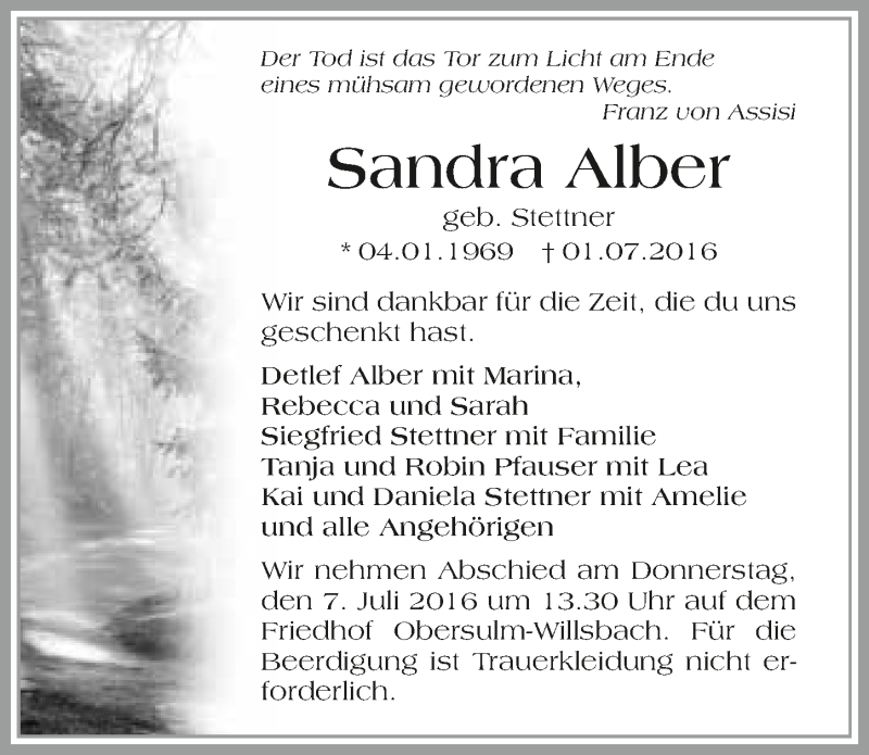  Traueranzeige für Sandra Alber vom 05.07.2016 aus 