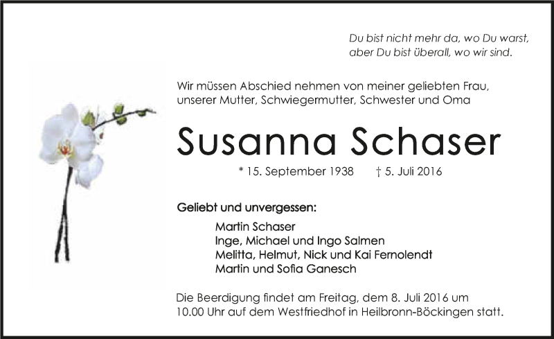  Traueranzeige für Susanna Schaser vom 06.07.2016 aus 