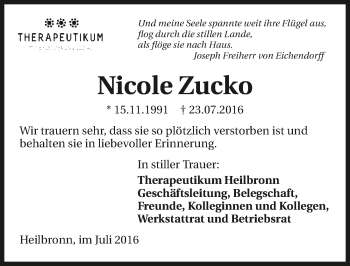 Traueranzeige von Nicole Zucko 
