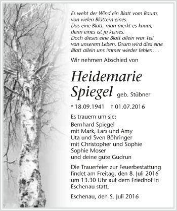 Traueranzeige von Heidemarie Spiegel 