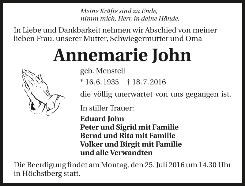  Traueranzeige für Annemarie John vom 23.07.2016 aus 