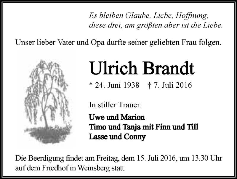  Traueranzeige für Ulrich Brandt vom 09.07.2016 aus 