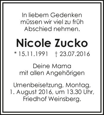 Traueranzeige von Nicole Zucko 