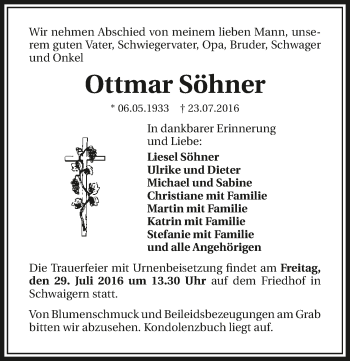Traueranzeige von Ottmar Söhner 
