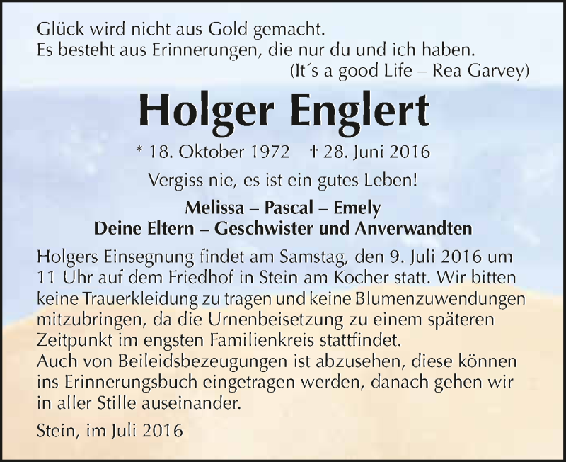  Traueranzeige für Holger Englert vom 06.07.2016 aus 