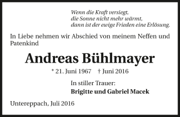 Traueranzeige von Andreas Bühlmayer 