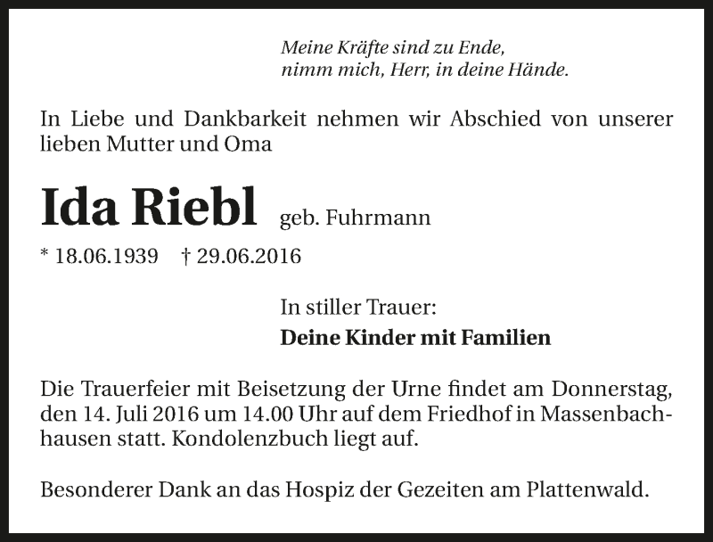  Traueranzeige für Ida Riebl vom 12.07.2016 aus 