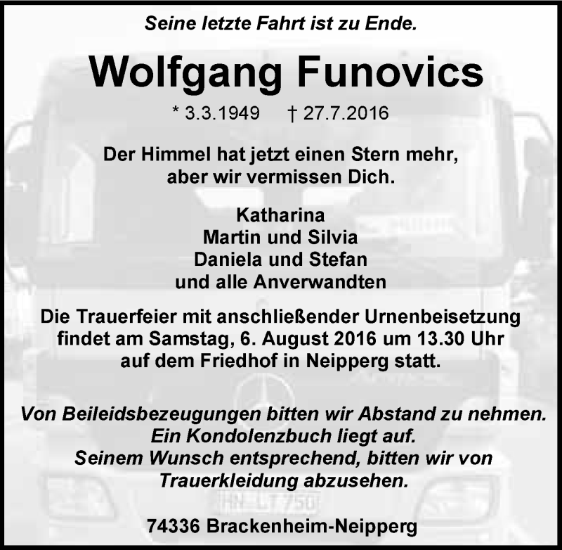  Traueranzeige für Wolfgang Funovics vom 30.07.2016 aus 