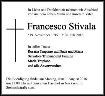 Traueranzeige von Francesco Stivala 