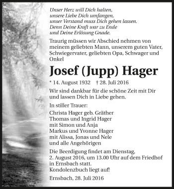 Traueranzeige von Josef Hager 