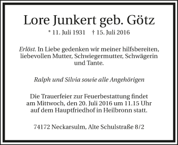Traueranzeige von Lore Junkert 