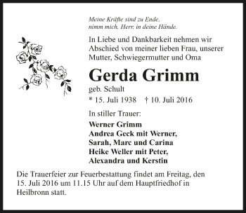 Traueranzeige von Gerda Grimm
