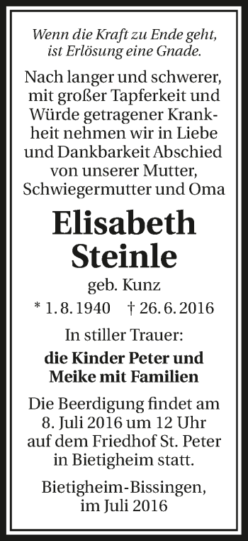 Traueranzeige von Elisabeth Steinle 