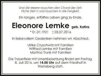 Traueranzeige von Eleonore Lemke 
