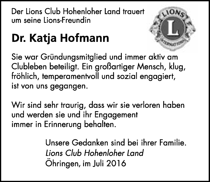  Traueranzeige für Katja Hofmann vom 28.07.2016 aus 